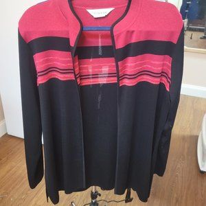 Black Misook Jacket with Plum/Coral Striped Yoke and Front Open Closure--Size L